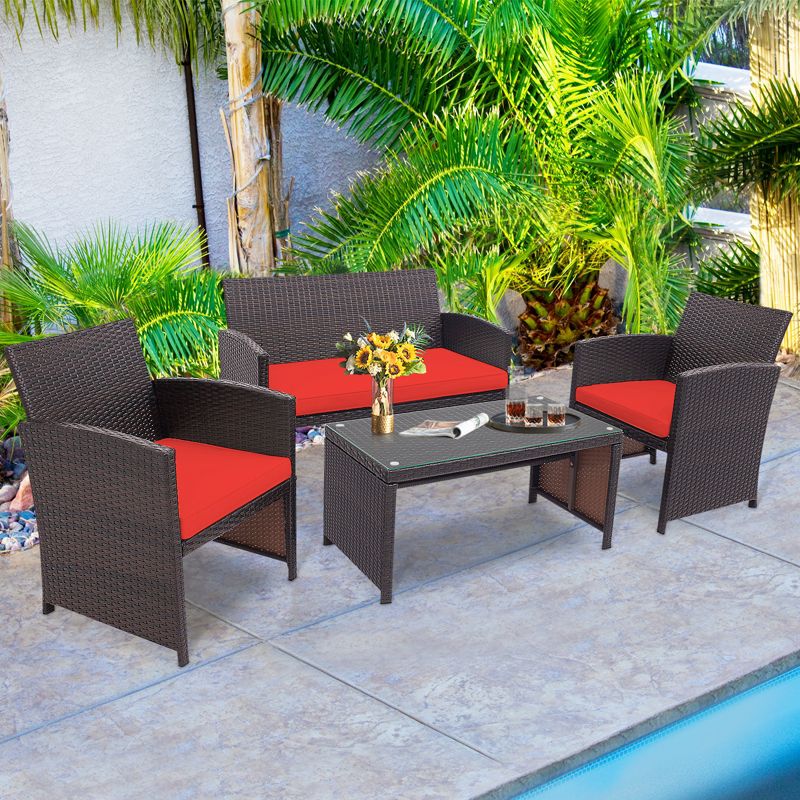 Tangkula 8PCS Outdoor Patio Furniture Sets Weather-Resistant Rattan Sofas w/ Soft Cushion Red, 3 of 9