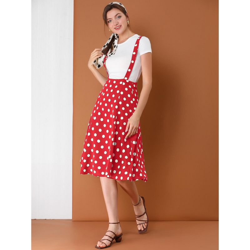Allegra K Women's Vintage Polka Dots Midi Floral Suspender Skirt, 3 of 6