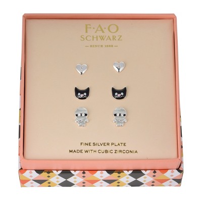 FAO Schwarz Halloween Heart, Mummy and Black Cat Trio Earring Set