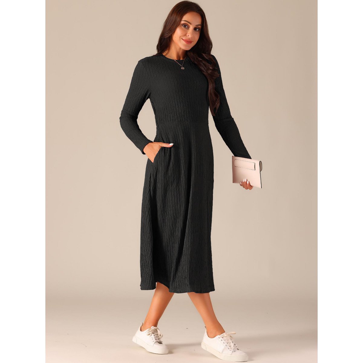 Женские платья INSPIRE CHIC Women's Fall Long Sleeve Round Neck Casual Knit A-Line Midi Dress Large Black — фото 2