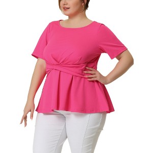 Agnes Orinda Women's Plus Size Twisted Knot Front Ruffles HemCrew Neck Short Sleeves Solid Summer Casual Peplum Blouses - 1 of 4