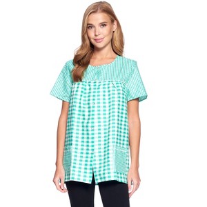 Casual Nights Women's Snap Front Smock Cobbler Woven Scrub Apron Top with Pockets - Blue Plaid - 3X-Large - 1 of 4