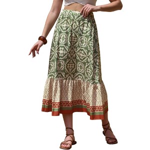 INSPIRE CHIC Women's Boho High Waist Vacation Color Block A-Line Maxi Skirts - 1 of 4