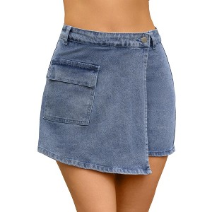 INSPIRE CHIC Women's Country Concert Denim Cargo Faux Wrap High Waisted Mini Skirts - 1 of 4