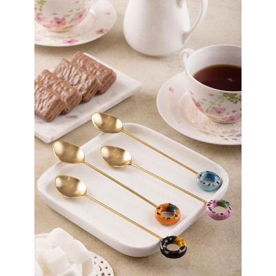 Multicolor Matte Gold Stainless Steel Teaspoons with Whimsical Doughnut Design, Set of 4