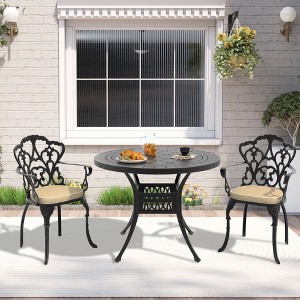 (3-PC)Premium Black Cast Aluminum Patio Set - Weather-Resistant Outdoor Table & Chairs with Beige Cushions - 1 of 4