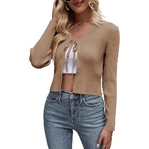 Coolmee Women's Tie Front Cardigan Long Sleeve Rib Knit Shrug for Dress Sweaters Crop Tops - 1 of 4