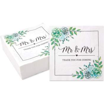 Sparkle and Bash 100 Pack Succulent Floral Mr. and Mrs. Paper Napkins for Wedding (6.5 In)