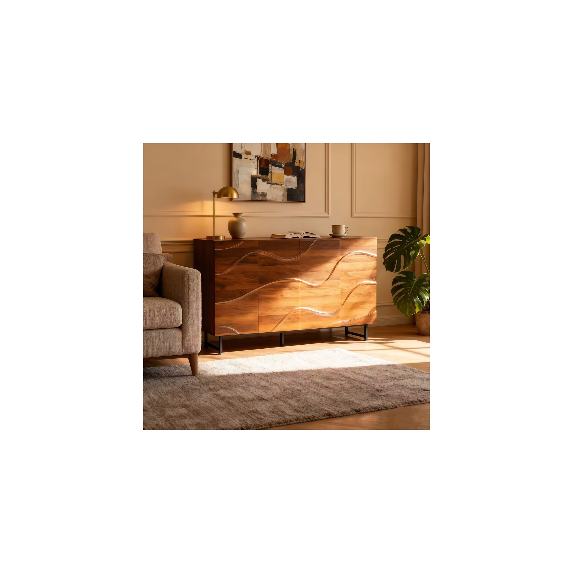 Whisen Modern Art Solid Wood Sideboard & Buffet, Storage Cabinet with Wave Relief Design, Iron Legs - Walnut