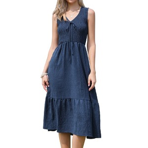 INSPIRE CHIC Women's Sleeveless V Neck Smocked Summer Casual Tiered A-Line Midi Dresses - 1 of 4