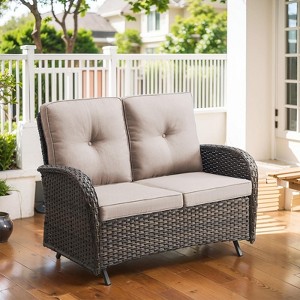 Buenhomino Patio Loveseat Glider Wicker Loveseat Rattan Glider Sofa with Curved Armrest Thicking Back & Seat Cushions for Garden Balcony Backyard - 1 of 4