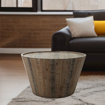 Transitional Flared Drum Solid Acacia Round Coffee Table in Brown/Gray