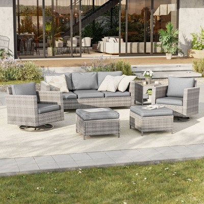 Sonkuki Outdoor 6-Piece Wicker Patio Conversation Set with 2 Rattan Swivel Rocking Chairs, Side Table, Ottoman and Navy Blue Cushion