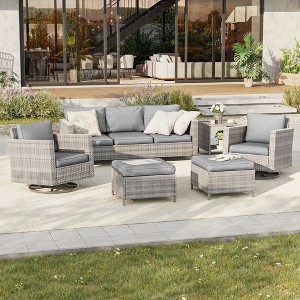 Sonkuki Outdoor 6-Piece Wicker Patio Conversation Set with 2 Rattan Swivel Rocking Chairs, Side Table, Ottoman and Navy Blue Cushion - 1 of 4