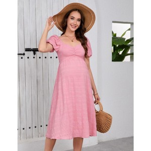 Women's Maternity Dress Short Sleeve Square Neck A Line Dress Tie Backless Ruffle Trim Solid Flared Dresses - 1 of 4