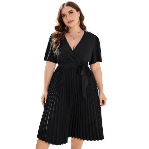 Plus Size Women's Pleated Midi Dress with Belt Flowy Casual Elegant Knee Length Dress for Work Summer - 1 of 4
