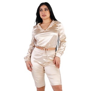 Slickblue Lace Detail Satin Hooded Crop Top with Biker Shorts Set, Streetwear Style, Black or Champagne, Size S-L - 1 of 4