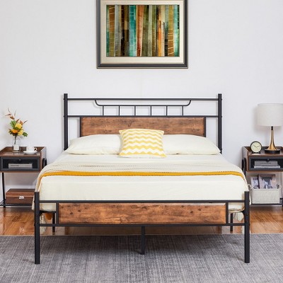 VECELO Metal Platform Bed with Wood Headboard and Footboard