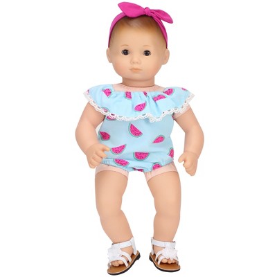 Sophia’s Watermelon Print Romper & Pink Headband for 15” Baby Dolls, Light Blue