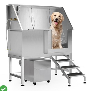 50" Stainless Steel Professional Dog Washing Station - Pet Bathing Tub w/Non-Slip Stairs & Storage Shelf - 1 of 4