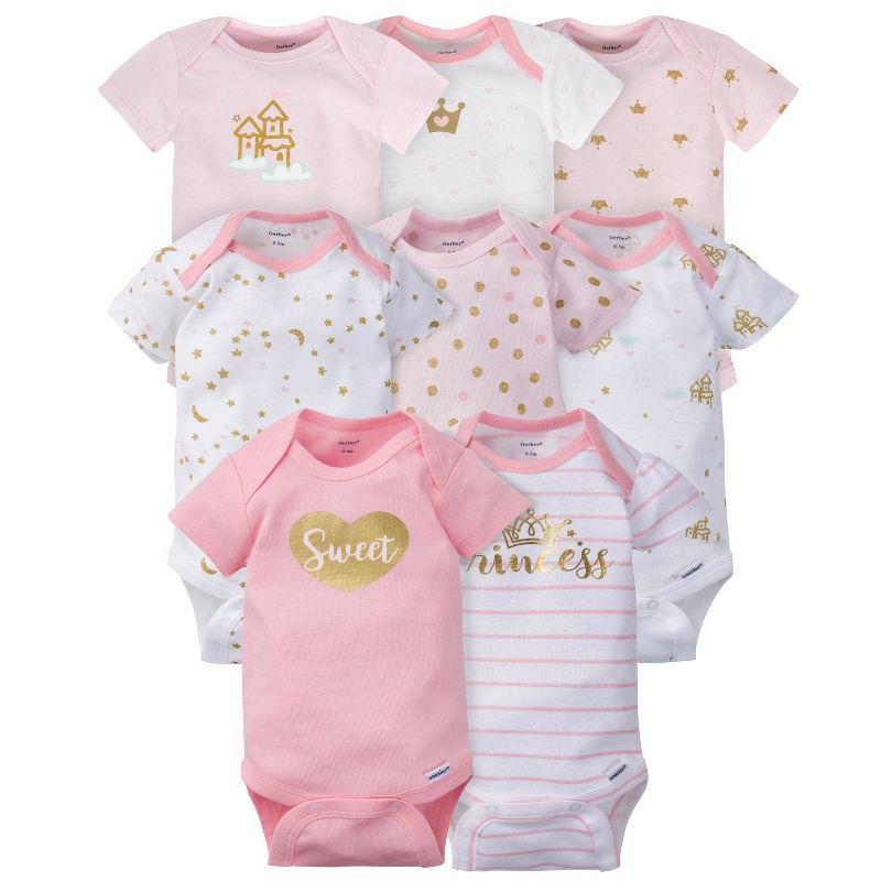 Gerber Baby Girls' Short Sleeve Onesies Bodysuits, 8-pack, Castle, 3-6 Months