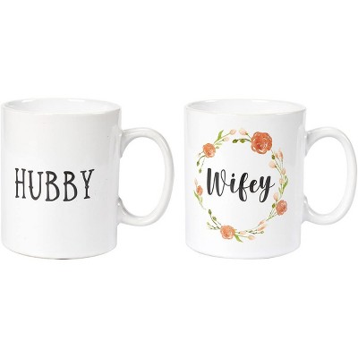 Blue Panda 2 Piece Wifey & Hubby White Ceramic Coffee Mug Set Tea Cup, Floral Wedding Gift, 16 Ounces
