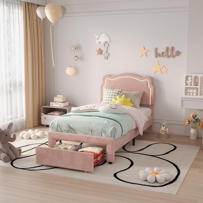 homfan Twin Smart LED Bed Frame, Adjustable PU Leather Headboard, Platform Bed for Kids, Wood Slats, No Box Spring Needed