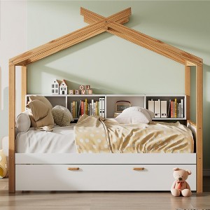 GDFStudio Dyrik Modern Wooden Platform House Bed with Trundle and Bookshelve for Kids - 1 of 4