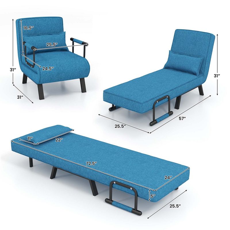 Costway Folding 6 Position Armchair Lounge Couch Convertible Sleeper Bed  w/ Pillow Blue, 3 of 11