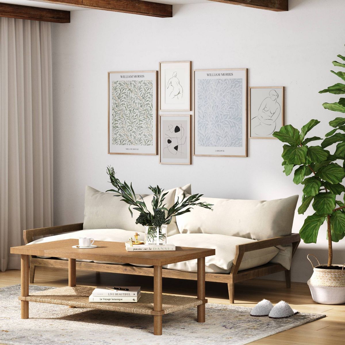 Light brown seagrass coffee table in a living room
