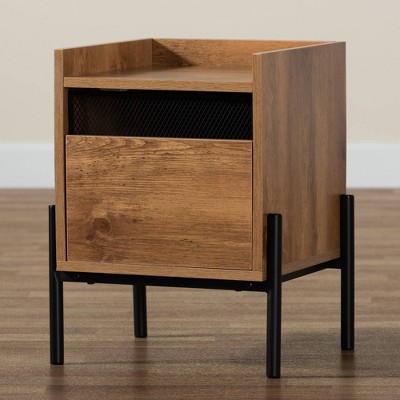 Tasman Natural Brown Wood and Black Metal End Table with Storage