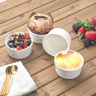 White Embossed Porcelain Ramekins Set of 4, 4 oz