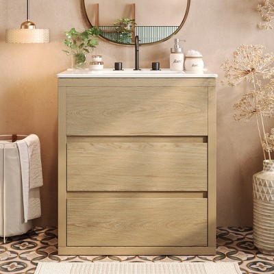 30 Inch Bathroom Vanity with Ceramic Sink, Soft Close Drawers and Beveled Handleless Design, Freestanding Storage Cabinet-Maison Boucle