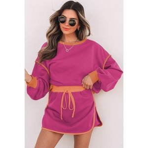 Color Contrast Loose Pullover and Lace-up Waist Skort Set - 1 of 2