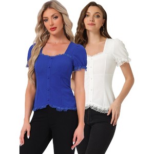 INSPIRE CHIC Women's Square Neck Solid Color Puff Short Sleeve Lace Up Gothic Blouse 2 Packs - 1 of 4