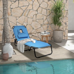 Costway Beach Chaise Lounge Chair with Face Hole Pillows & 5-Position Adjustable Backrest Blue - 1 of 4