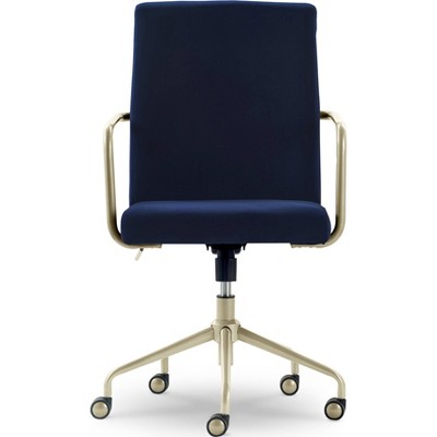 Mid-Century Modern Velvet Navy Blue Executive Swivel Chair with Gold Metal Trim