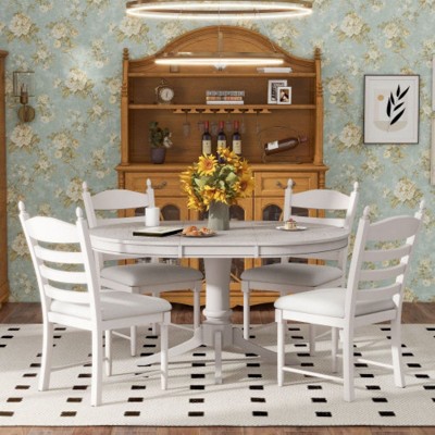 5-Piece Retro Functional Dining Table Set Wood Round Extendable Dining Table and 4 Upholstered Dining Chairs