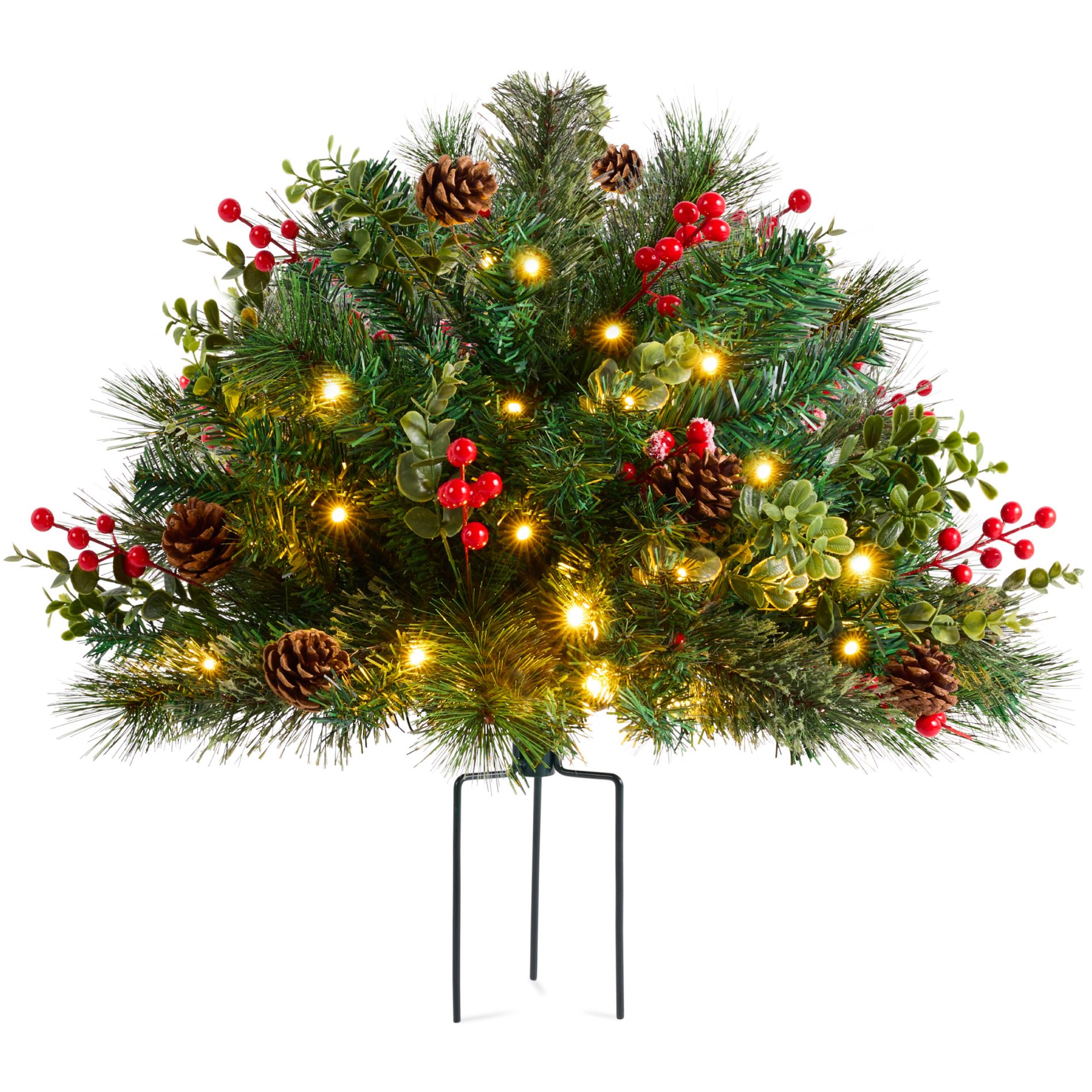 Best Choice Products Large Pre-Lit Christmas Urn Filler,w/ Pinecones &Berries, White & Multi LED Lights, 26” Diameter