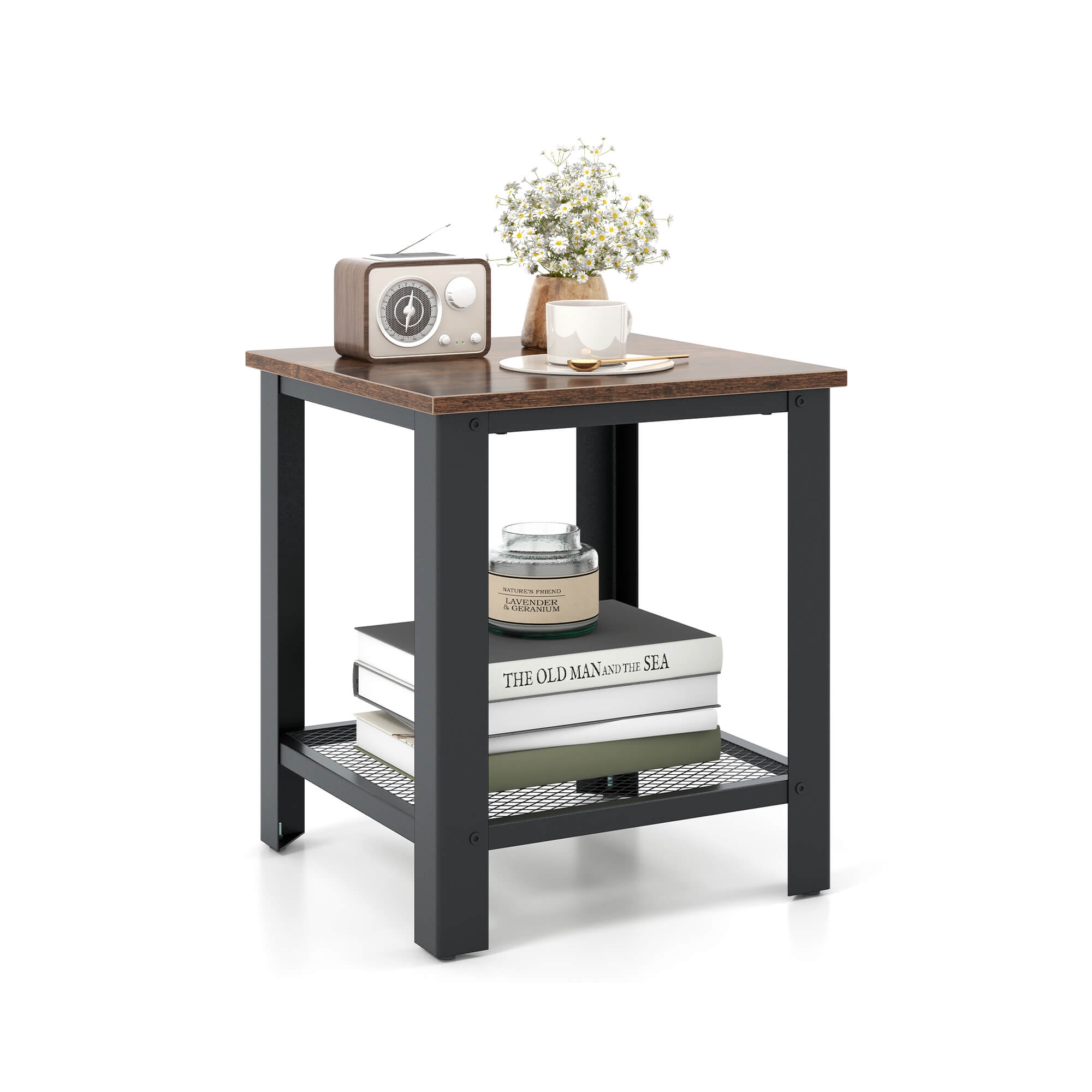 Costway Industrial End Table 2-Tier Side Table with Storage Shelf Rustic Sofa Table Black