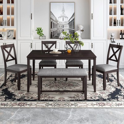 Modernluxe 6-Piece Kitchen Dining Table Set Wooden Rectangular Dining Table  with 4 Dining Chairs and a Bench Espresso