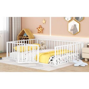 Grungis Queen Size Floor Bed for Kids,Modern Metal Toddler Bed with Heightened Safety Guardrails and Door,Montessori Bed for Bedroom - 1 of 4