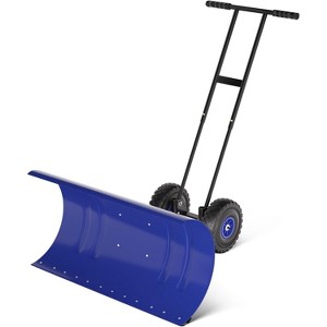 Snow Pusher with Wheels, Heavy Duty Steel Blade, Adjustable Angle & Height Handle for Effortless Driveway Snow Removal - 1 of 4