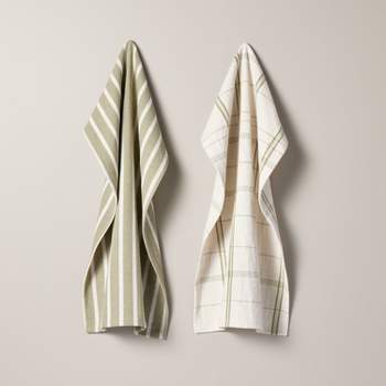 2ct Plaid & Stripe Kitchen Towels Green/Natural - Hearth & Hand™ with Magnolia