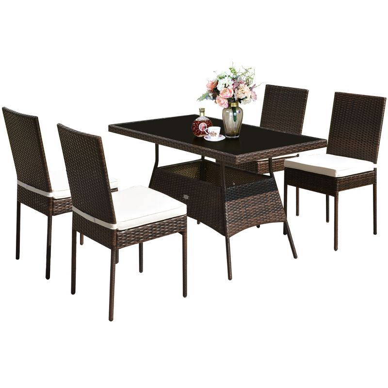 Costway 5 PCS Patio Rattan Dining Set Glass Table High Back Chair Garden Deck Mix Brown, 2 of 10