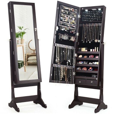 Costway Mirrored Jewelry Cabinet Organizer Storage Stand w/LED Lights