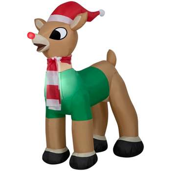 Gemmy Christmas Inflatable Rudolph the Red Nosed Reindeer in Santa Hat and Scarf, 3.5 ft Tall, Multi