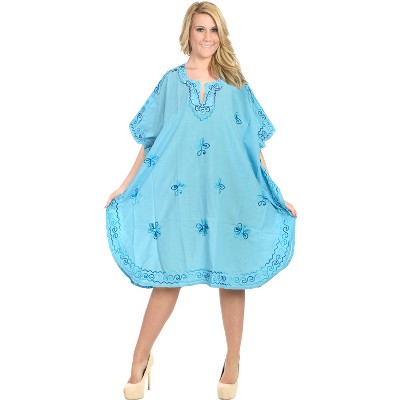 LA LEELA Women's House Daily Routine Evening Wear Vacation Holiday Casual Dailywear Loungewear Loose Caftan Knee Length Top Sleepwear 2X-3X Blue Solid