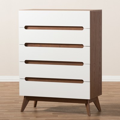 Calypso Mid-Century Modern White and Walnut 5-Drawer Chest