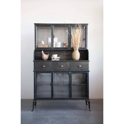 Storied Home Metal Storage Cabinet Black: Elegant Glass Doors, Geometric Hutch Design, Durable Iron Frame